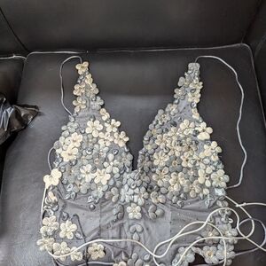 Floral Embellished Gray Crop Top